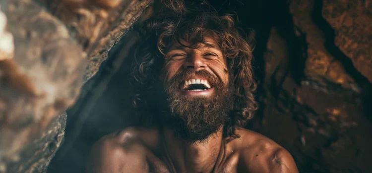 An ancient caveman smiling with great oral hygiene and straight teeth