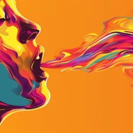 A colorful, artistic depiction of air coming from a person's open mouth