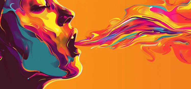 A colorful, artistic depiction of air coming from a person's open mouth