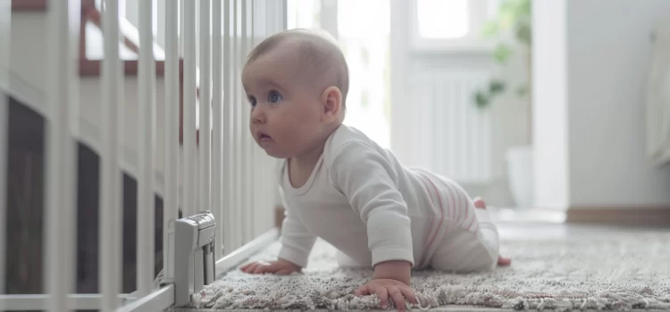 A baby crawling on the floor behind a baby gate, thanks to parents who followed newborn safety tips.