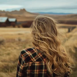 the back of a blonde girl looking at a ranch in the distance in Wyoming