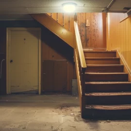 a closed door and a staircase in the stark basement of a 1960s house