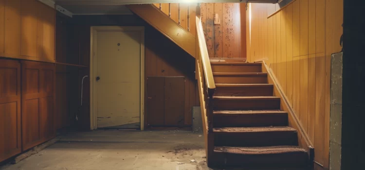 a closed door and a staircase in the stark basement of a 1960s house