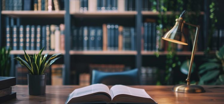 An open book on an office desk in front of a bookshelf.