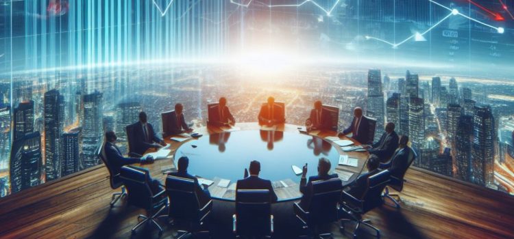 businessmen at a conference table in front of a cityscape overlaid with graphs depict the impact of COVID-19 on businesses