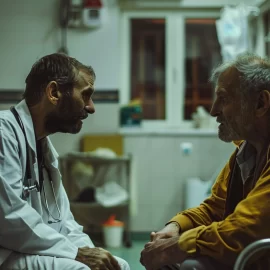 A doctor talking to a homeless man.