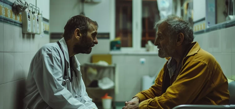 A doctor talking to a homeless man.