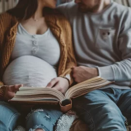 A pregnant woman and her husband reading a book on the couch.