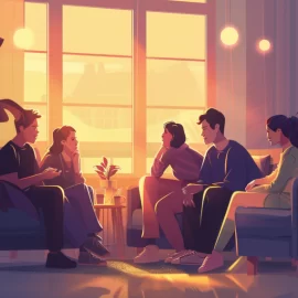 a drawing of five people sitting on couches and talking illustrate the importance of grief support