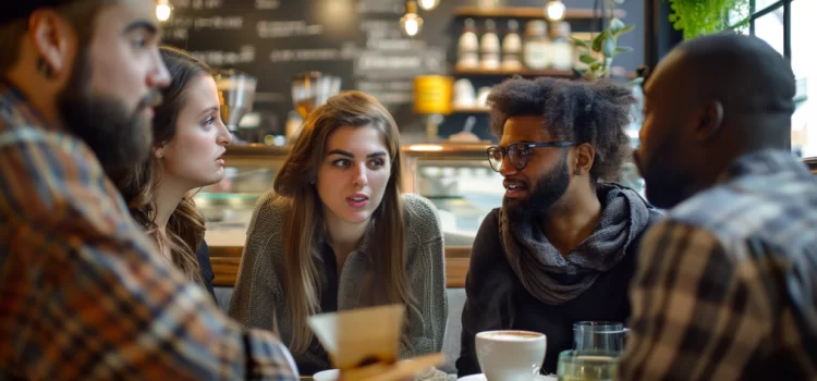 five demographically diverse people engage in political discourse in a coffee house