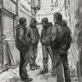 a sketch of four gang members wearing winter clothes talking in an alley in a city