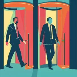 Four men walking through doors, signifying leadership changes