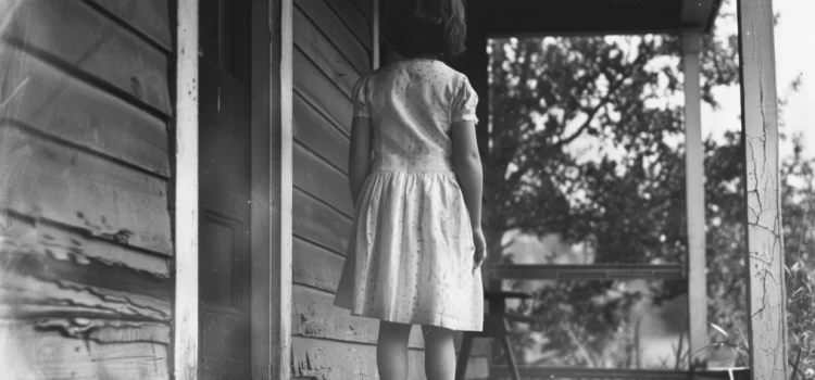 a young girl seen from behind stands on the porch of a humble house during the Great Depression