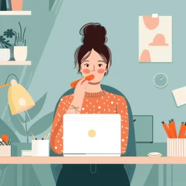 A woman sitting at her work desk and eating a raw carrot to promote jaw health