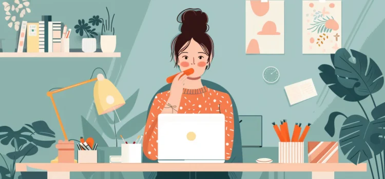 A woman sitting at her work desk and eating a raw carrot to promote jaw health