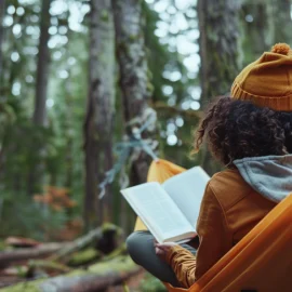 A girl reading a book while in a hammock in the forest