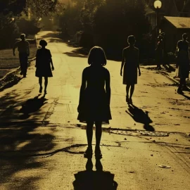 silhouette of a girl standing in the middle of a suburban street in the 1960s with people walking away from her