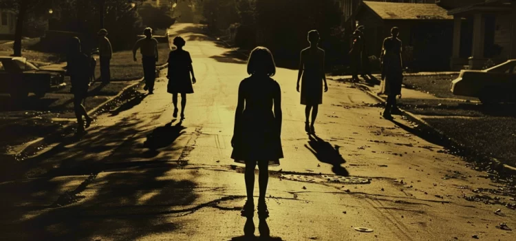 silhouette of a girl standing in the middle of a suburban street in the 1960s with people walking away from her