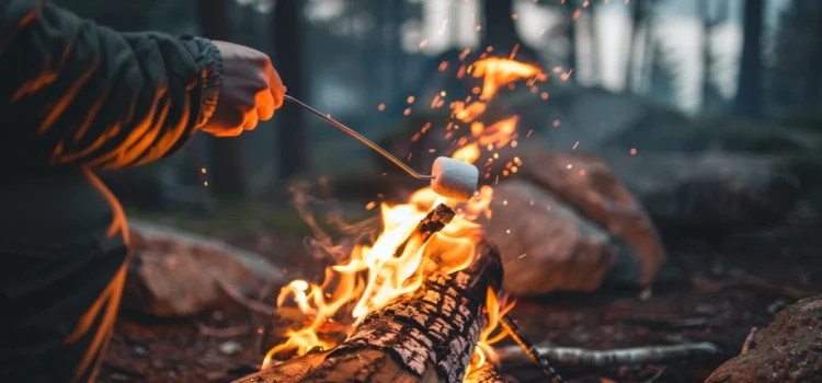 A man enjoying the benefits of time in nature by roasting marshmallows on a campfire