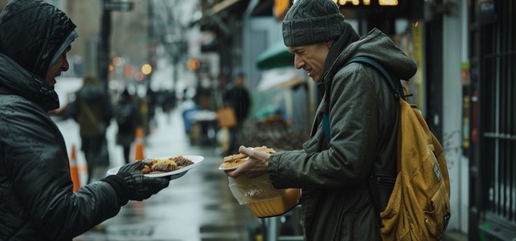 A man demonstrating why we should help homeless people by giving them food on the street.