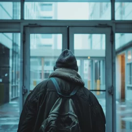 A homeless person experiencing a healthcare challenge as they look inside a hospital through a glass door.