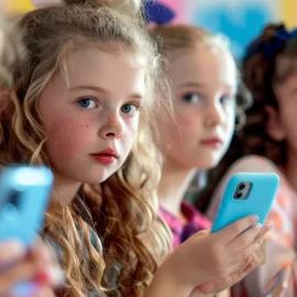 Young girls on their phones and wearing makeup, showing that kids are growing up too fast.