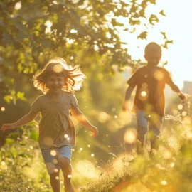 Two kids spending time in nature by running through a grassy field