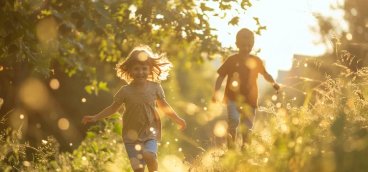 Two kids spending time in nature by running through a grassy field