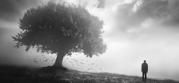 a silhouette of a person standing alone in a field by a big tree under a cloudy sky illustrates the effects of grief