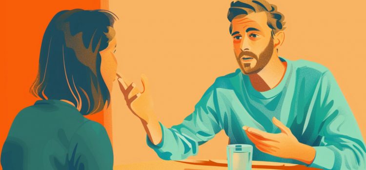 A man and a woman talking at a table in a colorful art style