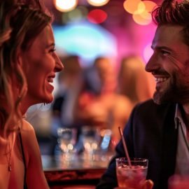 A man and a woman talking in a dimly lit bar, he is learning how to be appealing to women