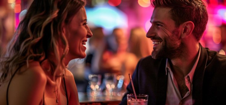 A man and a woman talking in a dimly lit bar, he is learning how to be appealing to women
