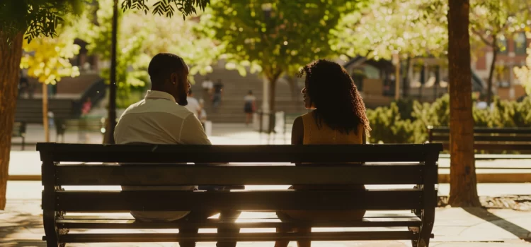 A man and woman sitting on a park bench having a conversation