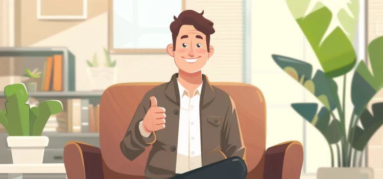 A man in a suit sits on a couch in an office, he is giving a thumbs up and smiling
