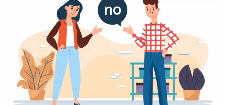 A man saying no to a saleswoman, displlaying why rejection is a good thing