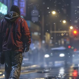 a man in a hooded jacket walking on an urban street at night in falling snow, city and vehicle lights shine in the background