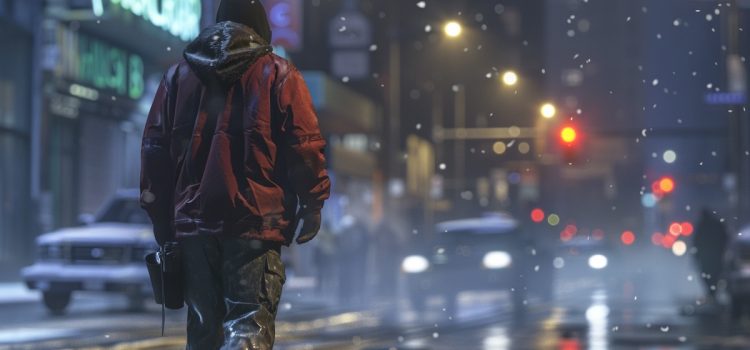a man in a hooded jacket walking on an urban street at night in falling snow, city and vehicle lights shine in the background
