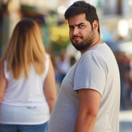 A man with a disapproving look directed at an overweight woman raises the question, Why do people body shame?