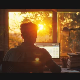 a man working on a computer at a home with trees and a setting sun outside the window depicts how COVID-19 changed our lives