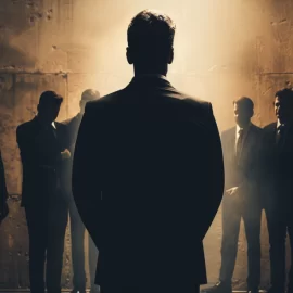 In a dark room, one man stands in front his employees, signifying a psychopathic leader