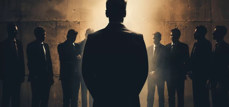 In a dark room, one man stands in front his employees, signifying a psychopathic leader