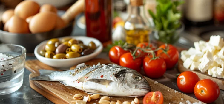 Depictions of what to eat on a Mediterranean diet, including fish, tomatoes, olives, and feta cheese
