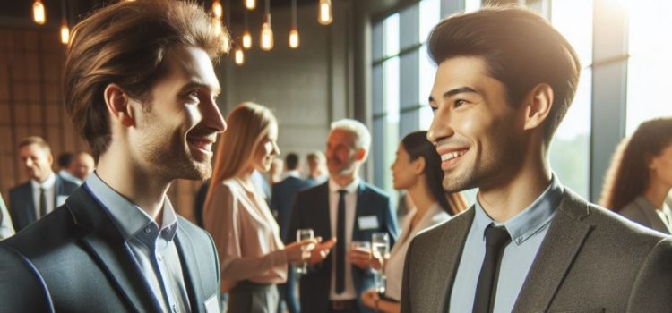 a networking event where professionals are chatting illustrates how to get started as an entrepreneur