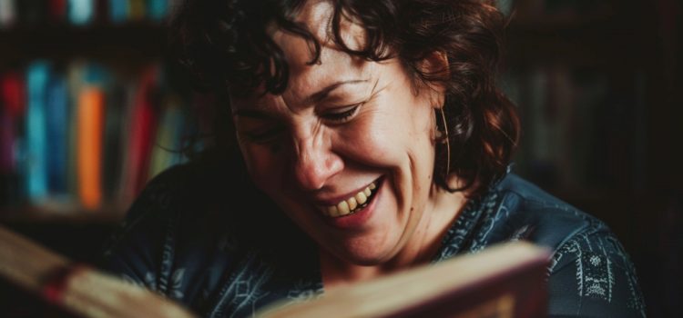 a middle-aged woman smiles and reads a book in a library or bookshop