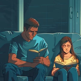 A father and his teenager reading books together on the couch.