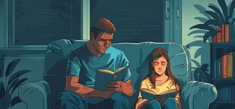 A father and his teenager reading books together on the couch.