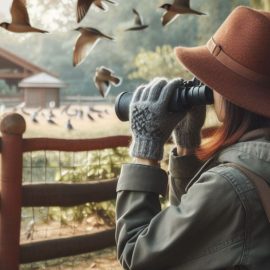 a young woman wearing warm clothes and looking at birds through binoculars illustrates how to live with grief