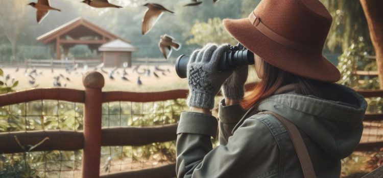 a young woman wearing warm clothes and looking at birds through binoculars illustrates how to live with grief