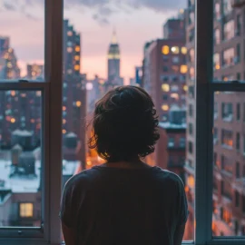 A person looking out the window of a small city apartment building, displaying the disadvantages of city life