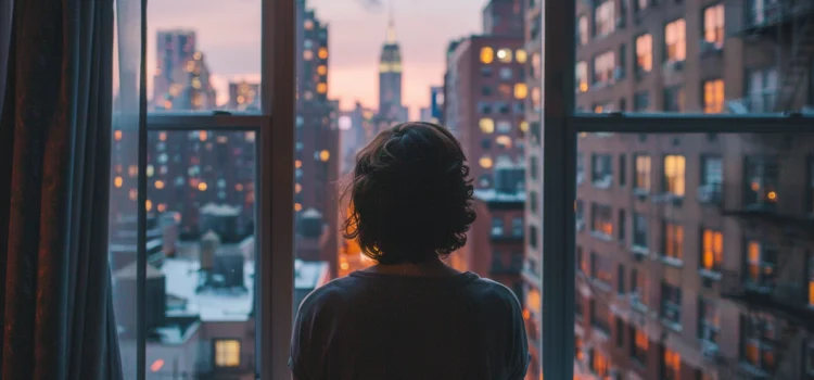 A person looking out the window of a small city apartment building, displaying the disadvantages of city life